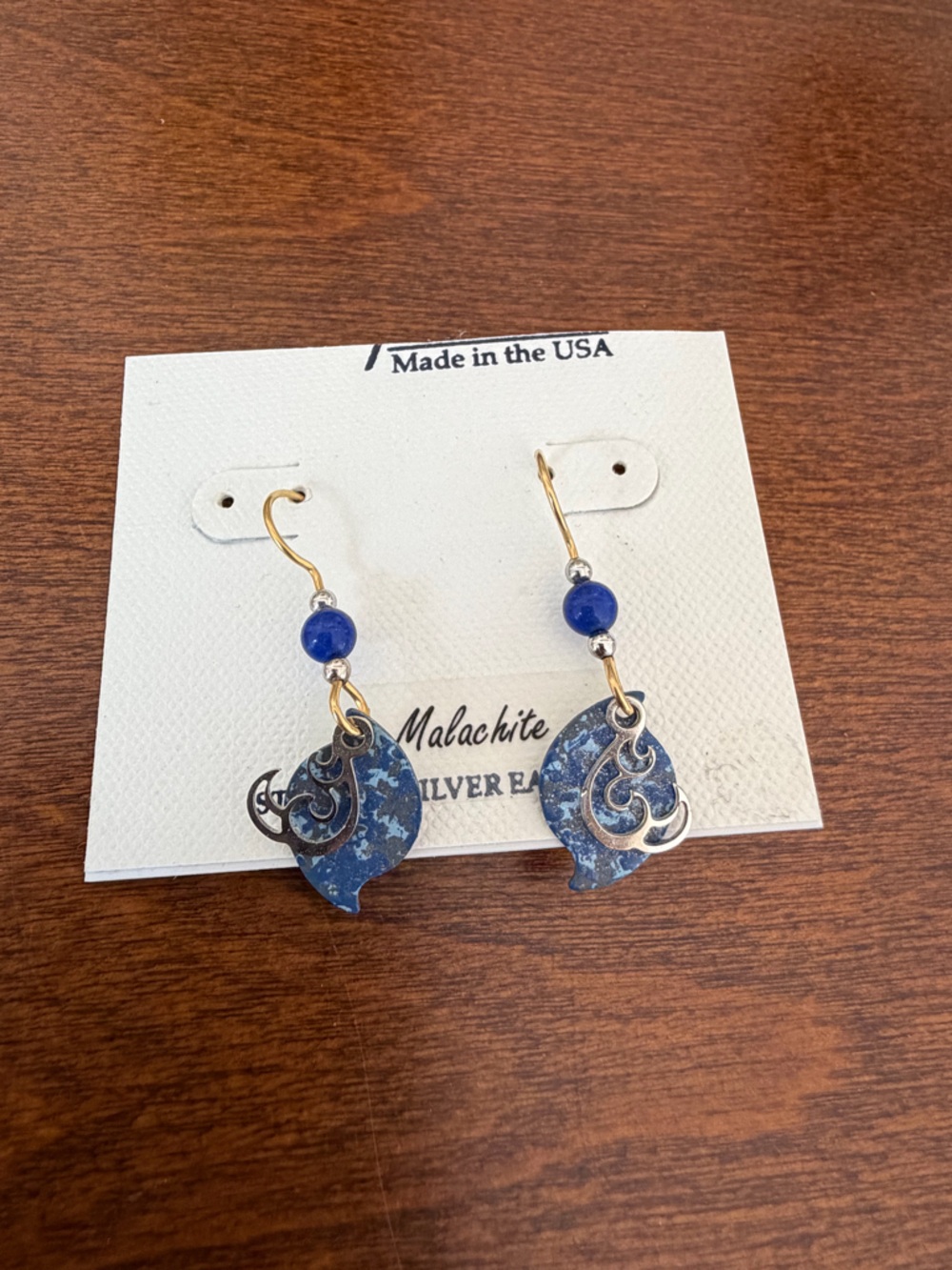 Handmade Blue Stone Leaf Dangle Earrings Made in USA